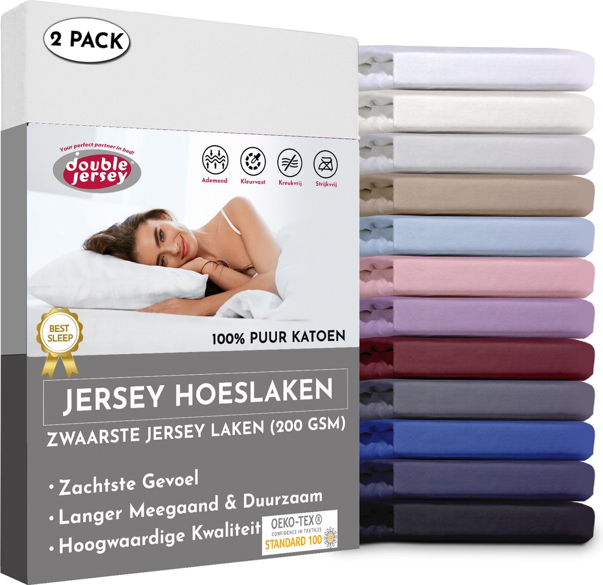 Double Jersey Hoeslaken - Hoeslaken 90x200+30 cm(2 Pack) - Wit