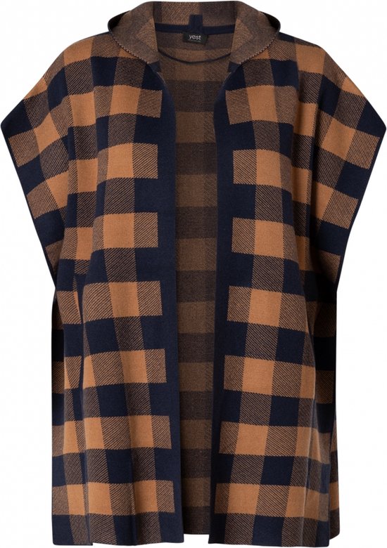 Cape sans manches à carreaux marron et bleu marine avec capuche.