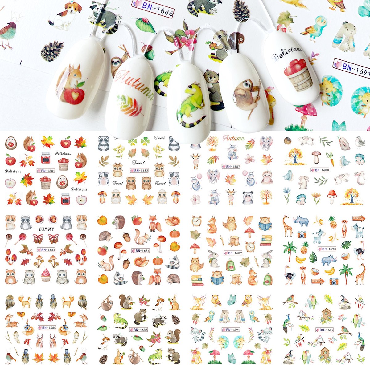 Goedkoopste Nagel stickervel dieren met 9 designs water transfer stickers | egel, vos, herfst nail art | nagelstickers | Sparkolia