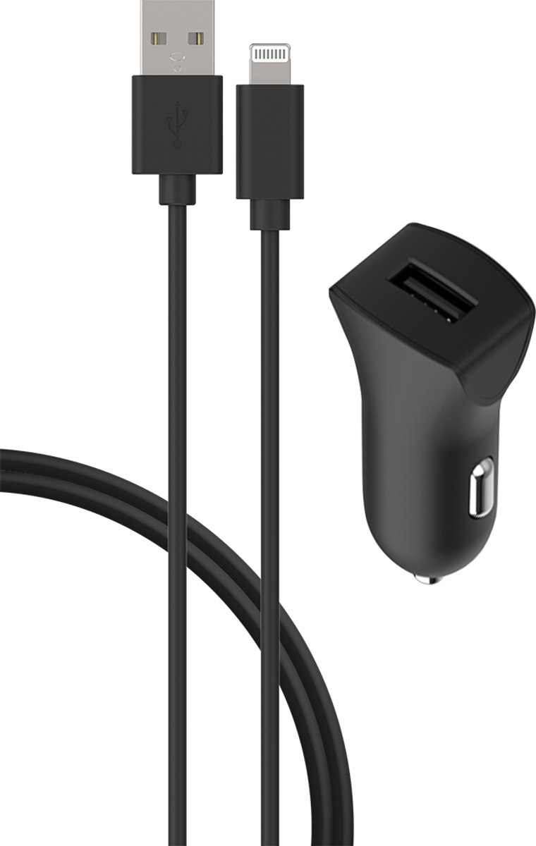 Bigben Connected, USB A autolader 2,4A FastCharge USB A/Lightning-kabel, Zwart