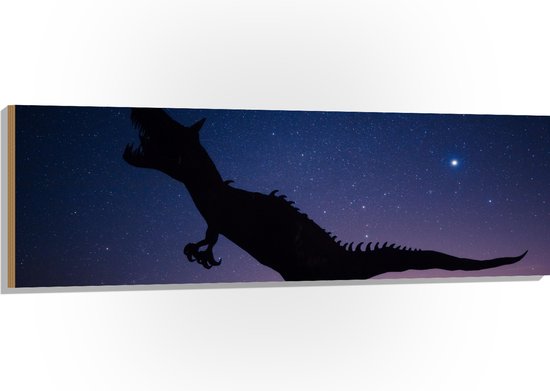 WallClassics - Hout - Silhouette van een Dinosaurus in de Nacht - 150x50 cm - 12 mm dik - Foto op Hout (Met Ophangsysteem)