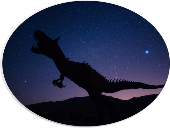 WallClassics - Panneau de mousse PVC ovale - Silhouette d'un Dinosaurus dans la nuit - Photo 40x30 cm sur ovale (avec système d'accrochage)