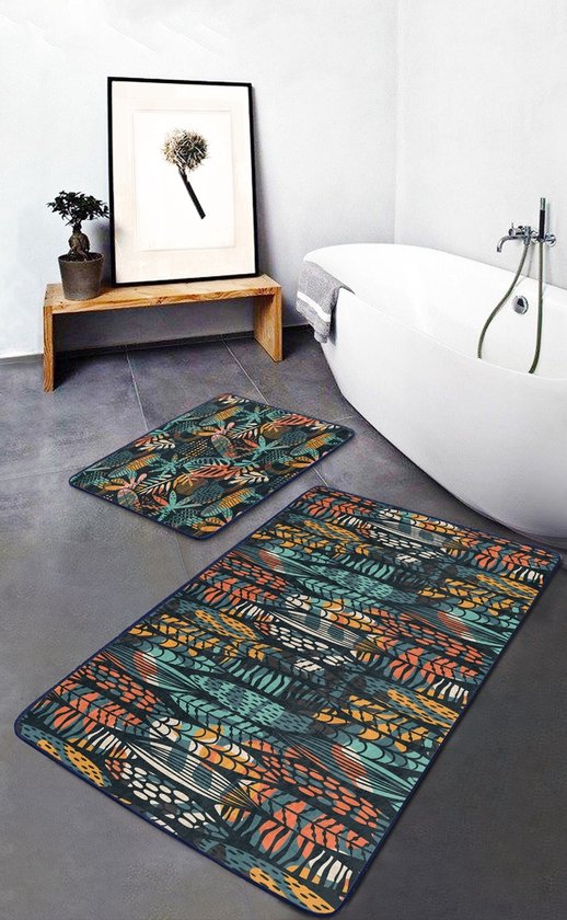 Badmat antislip 2 stuk set - 60x100 & 50x60 - Wc mat - Toiletmat - Exotisch Bladeren - Deurmat - De Groen Home