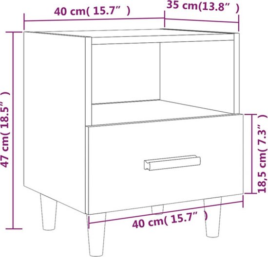 Dimensions table de chevet couleur chêne sonoma, avec compartiment ouvert et tiroir, pieds en bois.