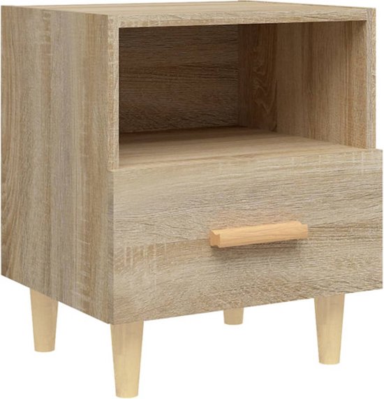 Table de chevet avec compartiment ouvert et tiroir, couleur chêne sonoma, pieds en bois.
