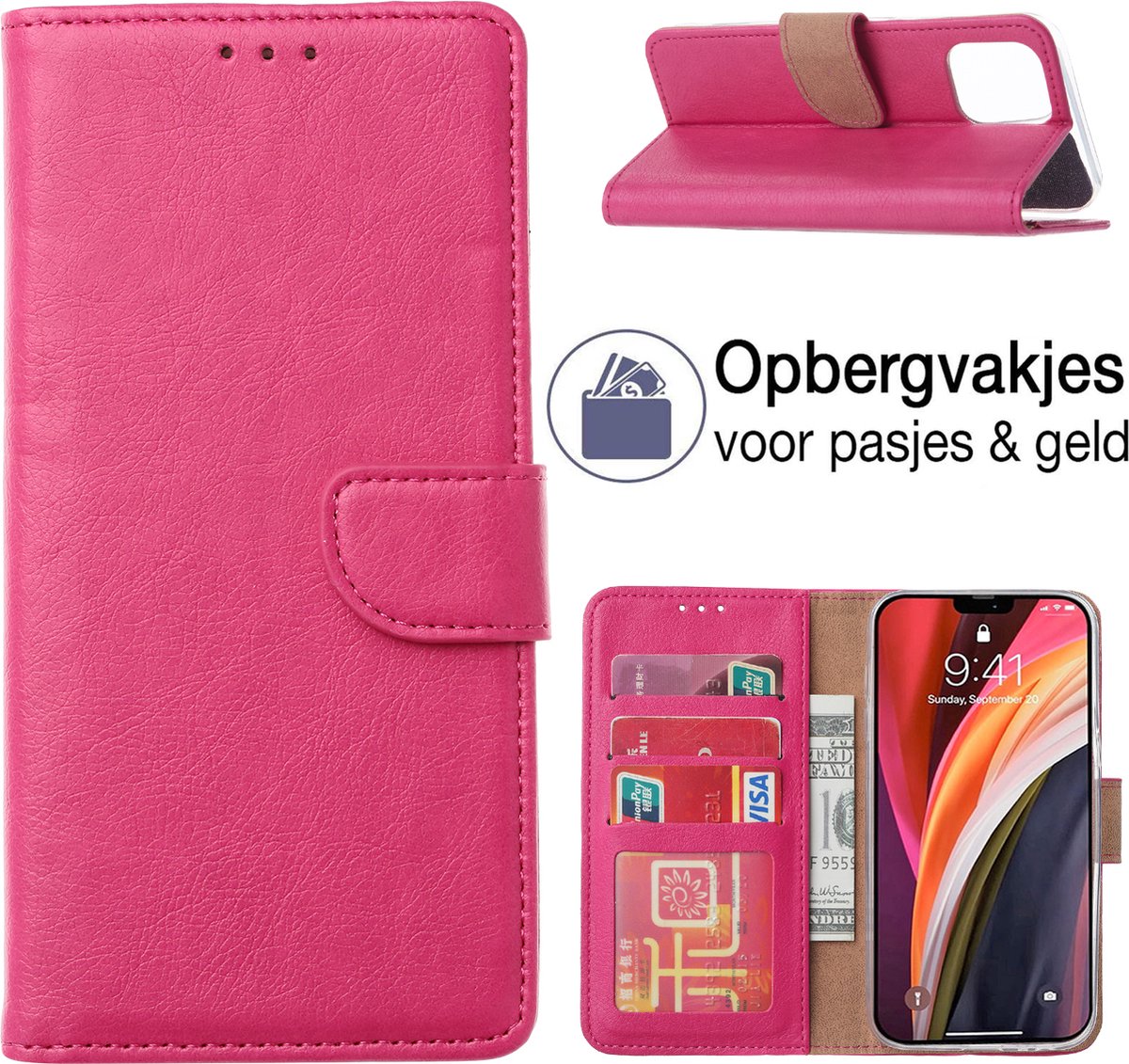 iPhone 14 Pro Max Book Case - Portemonnee hoesje - PU Lederen hoes - iPhone 14 Pro Max wallet case met multi-stand functie - Roze - EPICMOBILE