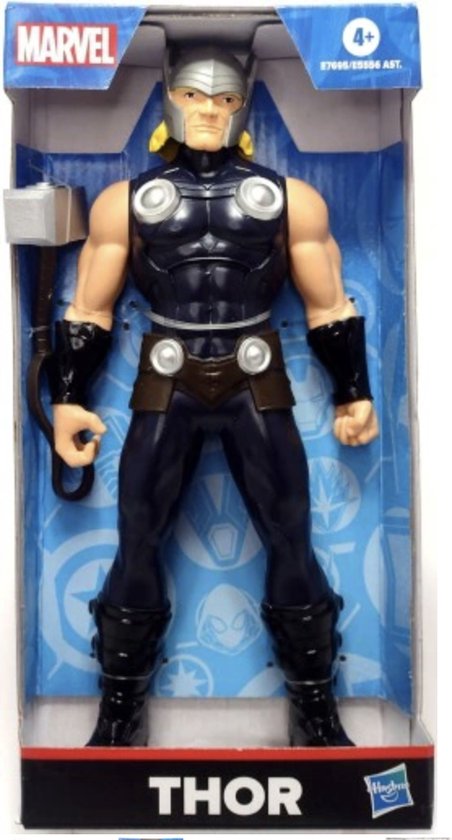 Thor-actiefiguur in doos met hamer, blauwe achtergrond en Marvel-branding.