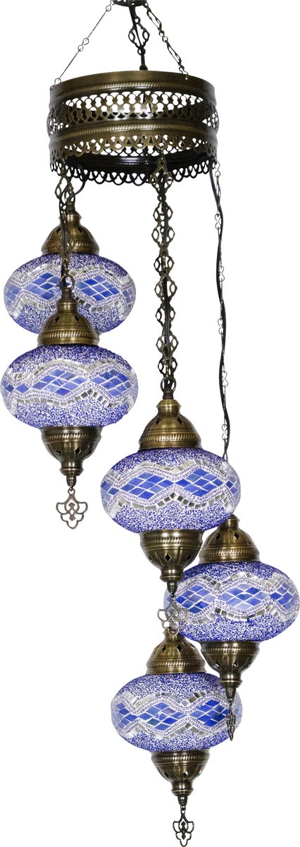 Oosterse mozaiek hanglamp - Blauw - Hoogte 97cm - Breedte 20cm - Diameter bol(len) 18cm