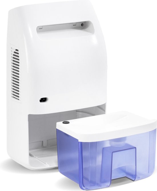 Witte Trotec luchtontvochtiger met uitneembaar blauw waterreservoir.