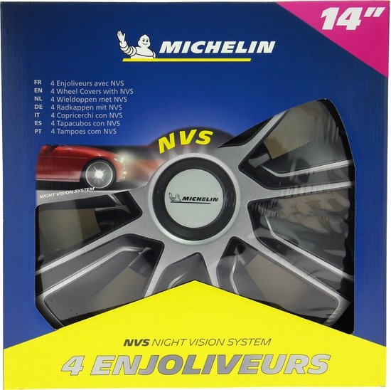 Michelin wieldoppen 14 inch, zilver met zwarte spaken en NVS.