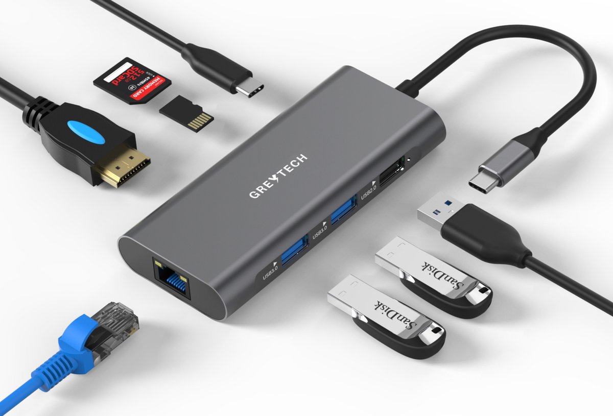 GREYTECH 8 in 1 USB C Laptop Docking station met 4K HDMI - Ethernet RJ45 - 1x USB 3.0 - USB-C Opladen 100W en meer - Spacegrey