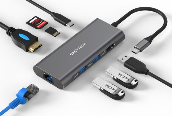 GREYTECH 8 in 1 USB C Laptop Docking station met 4K HDMI -  Ethernet RJ45 - 2x USB 3.0 - USB-C Opladen 100W en meer - Spacegrey