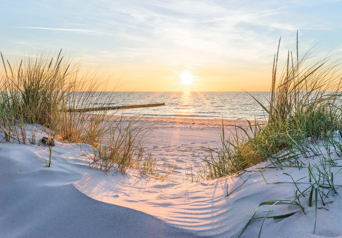 Fotobehang - Vliesbehang - Zonsondergang aan het Strand boven Zee - duinen - 460 x 300 cm