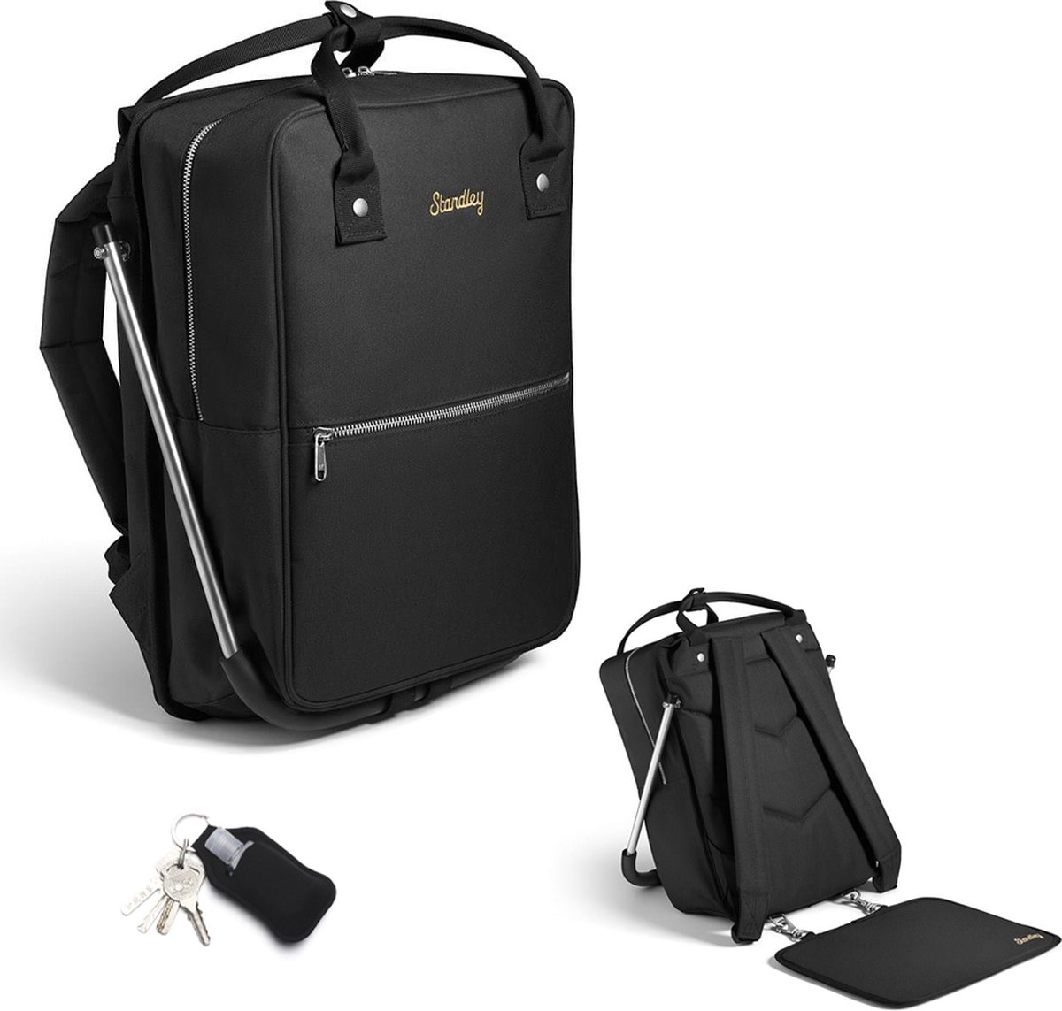 Standley LeanBag - Rugzak - Inclusief Stoel - Rugtas - Klapstoel - Zwart - Met Sleutelhanger - Cadeau