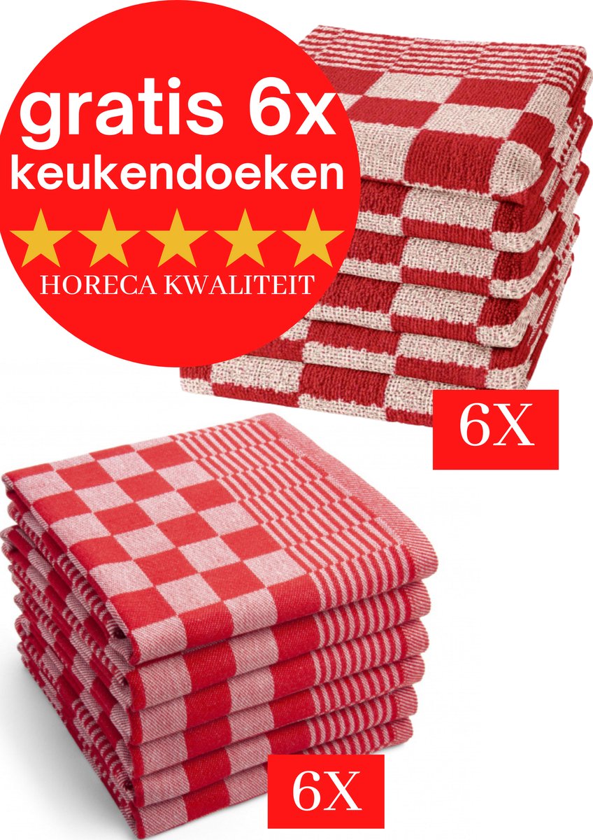 Droomtexiel® Horeca Kwaliteit Katoenen Theedoeken set - 6x Theedoeken - Rood Wit + Gratis 6 keukendoeken t.w.v €22,95