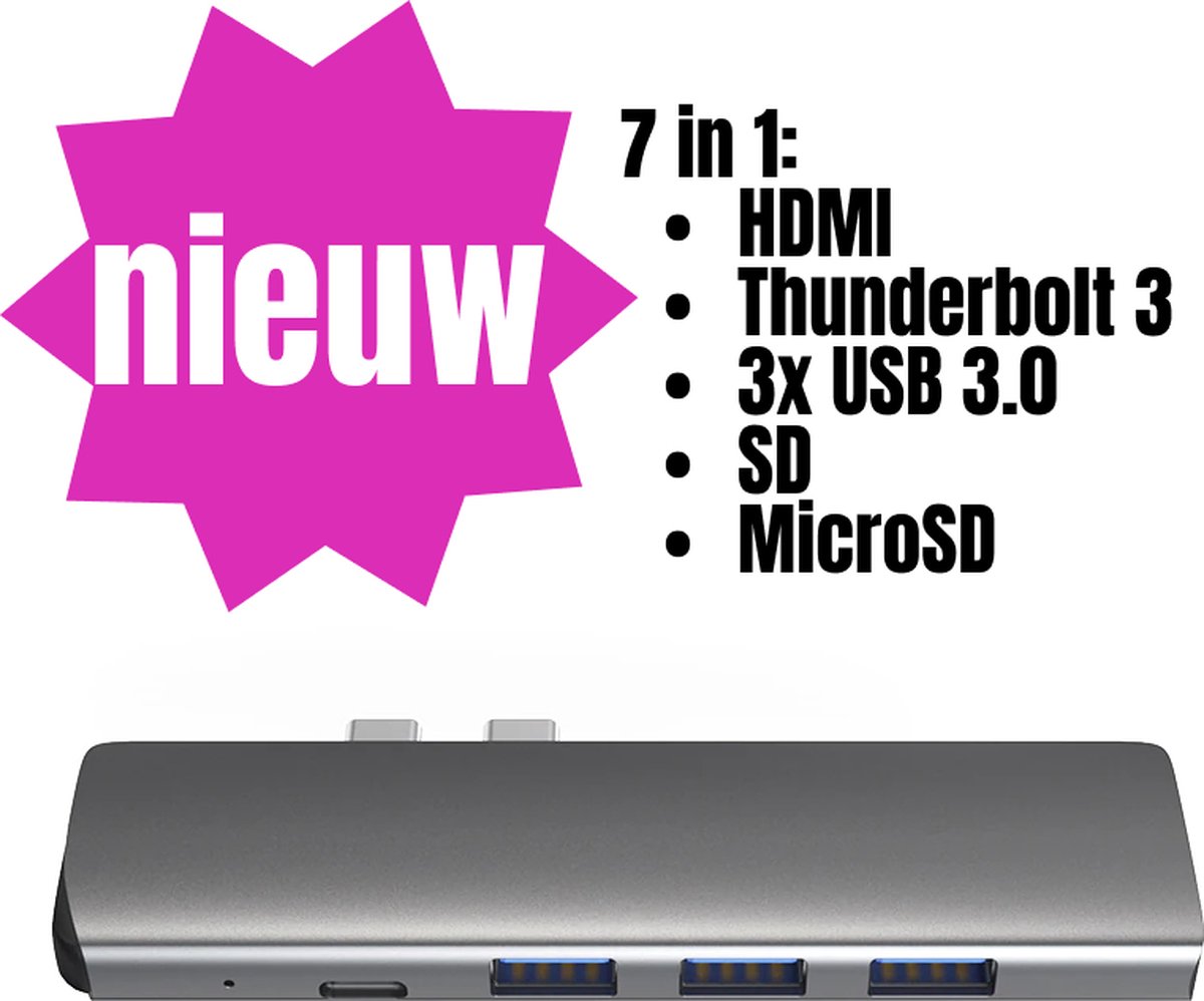 NEUW! USB-C hub Macbook Air/Pro - HDMI - Thunderbolt 3 - Space Gray - 7 in 1 - - usb c adapter - usb c naar hdmi - usb c hub - usbc hub - usbc hdmi - usbc naar usb - usbc adapter - macbook hub - Macbook adapter - multiport - usb c hub