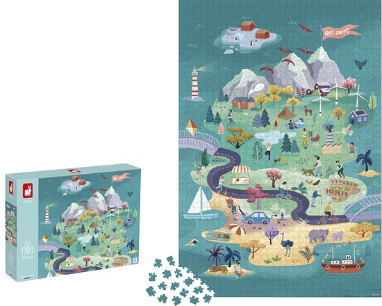 Puzzel met 1500 stukjes, met een kleurrijke kaart van een eiland vol mensen, dieren en activiteiten.
