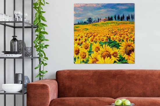 Peinture sur toile - Tournesol - Fleurs - Peinture à l'huile - Nature - Peintures sur toile - 90x90 cm - Toile nature - Décoration murale