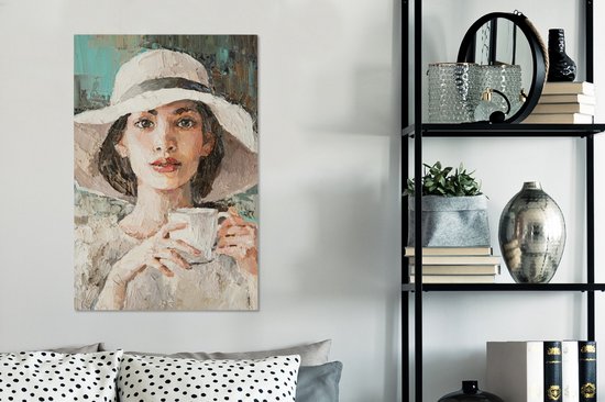 Tableau Tableau - Femme - Peinture à l'Huile - Chapeau - Café - 60x90 cm - Décoration murale