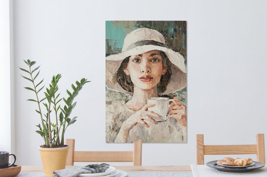 Tableau Tableau - Femme - Peinture à l'Huile - Chapeau - Café - 60x90 cm - Décoration murale