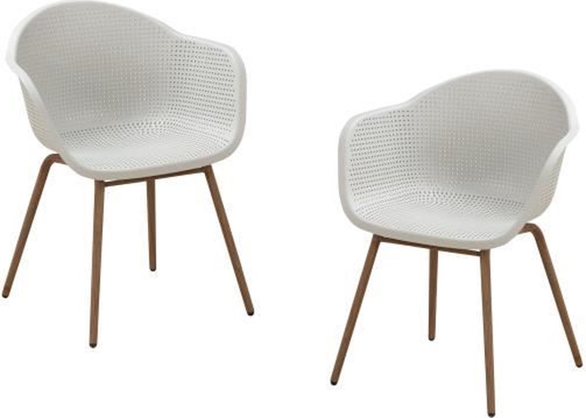Set van 2 Scandinavische fauteuils - Kunststof zitting, stalen poot met natuurlijk houtdecor - Wit