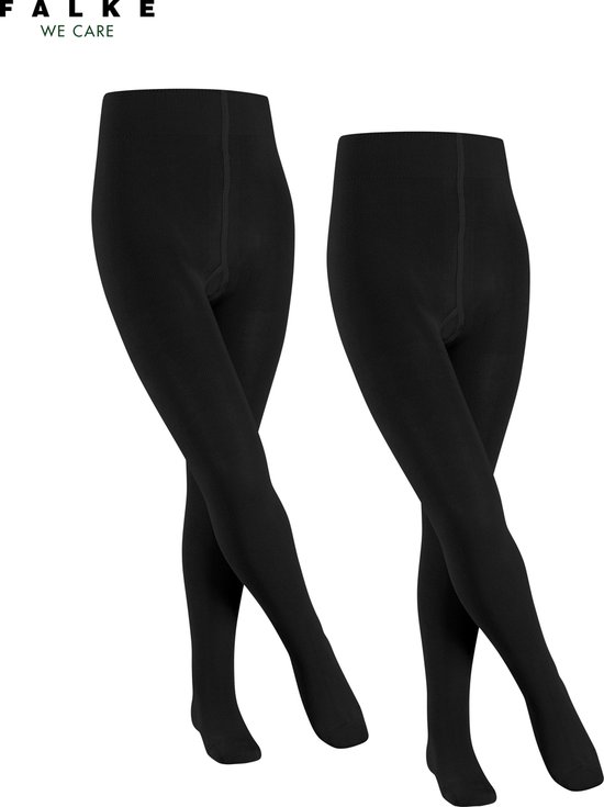 Twee zwarte panty's met geribbelde textuur, met FALKE WE CARE logo.