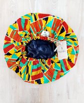 Bonnet de nuit à imprimé africain - Orange / bleu Kente ( Coton