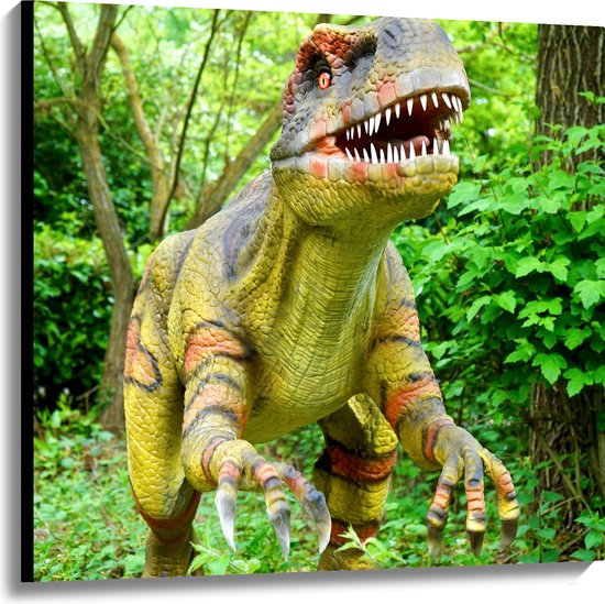 WallClassics - Canvas  - Dinosaurus in het Bos - 100x100 cm Foto op Canvas Schilderij (Wanddecoratie op Canvas)