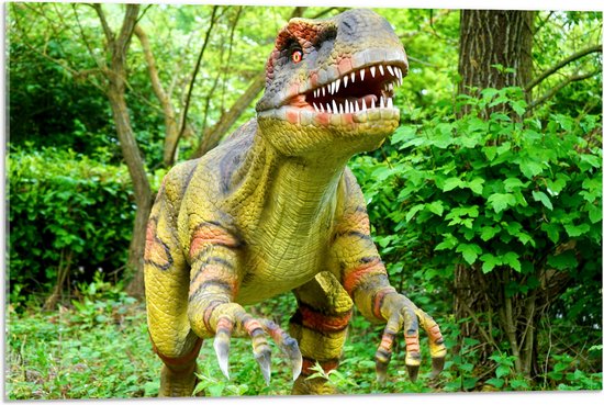WallClassics - Acrylglas - Dinosaurus in het Bos - 75x50 cm Foto op Acrylglas (Wanddecoratie op Acrylaat)