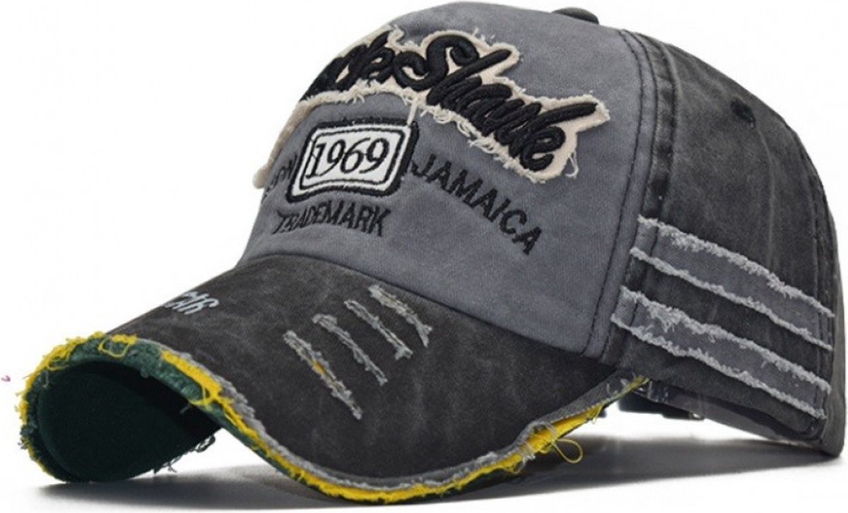 Baseball Cap RockShank Jamaica – eCarla – Grijs/Geel - Denim Pet met scheureffect