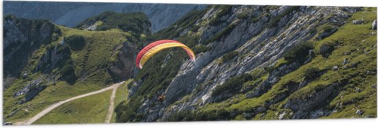 WallClassics - Vlag - Paraglidend door de Bergen en Natuur - 150x50 cm Foto op Polyester Vlag