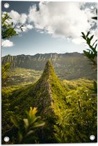 WallClassics - Tuinposter – Hoge Groene Berg in de Vallei - 40x60 cm Foto op Tuinposter  (wanddecoratie voor buiten en binnen)