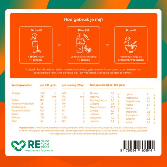 Orangefit Blend Proteine Poeder - Vegan Proteine Shake - 750g (25 shakes) - Eiwitshake Vanille - met BCAA & Kurkuma - Pre / Post Workout — afbeelding 4