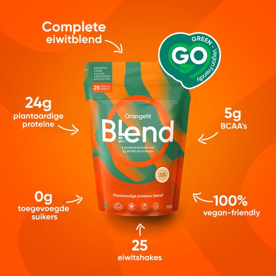 Orangefit Blend Proteine Poeder - Vegan Proteine Shake - 750g (25 shakes) - Eiwitshake Vanille - met BCAA & Kurkuma - Pre / Post Workout — afbeelding 3