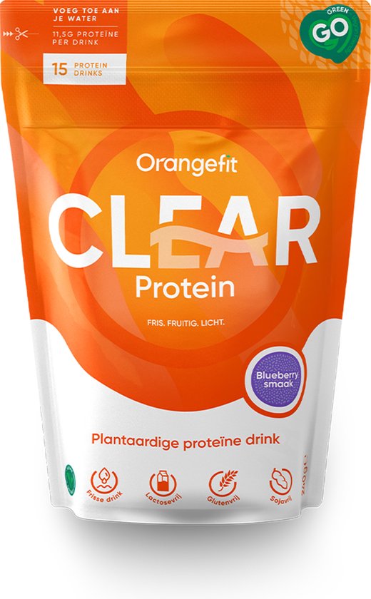 Orangefit clear protein - vegan proteïne shake - 240g (15 drinks) - bosbes- plantaardig eiwitpoeder - perfect voor je (pre) workout!
