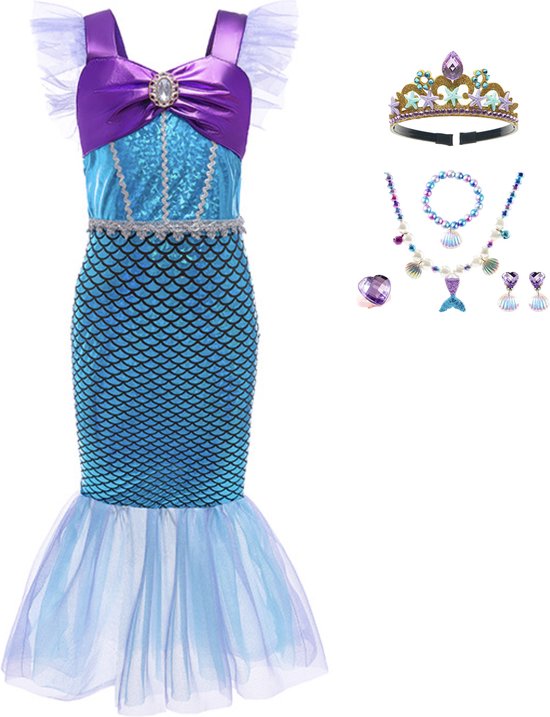 Joya Beauty® Mermaid Dress Up Robe Violet Foncé | Ariel | Déguisements de sirène | Taille 104/110 | Ensemble robe + Accessoires de vêtements pour bébé sirène | Halloween habille une fille