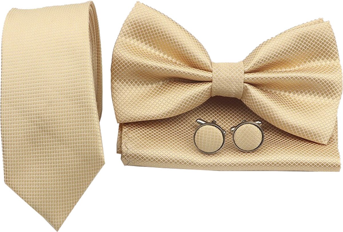 Sorprese Stropdas Set - Ruit - Champagne Smal - inclusief strik pochet en manchetknopen - stropdassen voor heren - vlinderdas - Cadeau