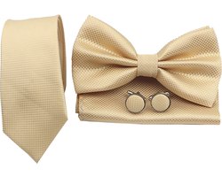 Sorprese Stropdas Set - Ruit - Champagne Smal - inclusief strik pochet en manchetknopen - stropdassen voor heren - vlinderdas - Cadeau