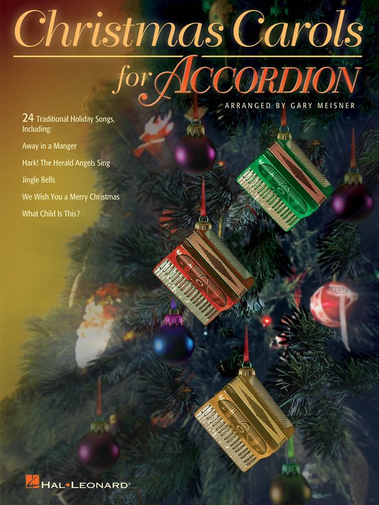 Boekcover 'Christmas Carols for Accordion' met accordeons als kerstversiering.