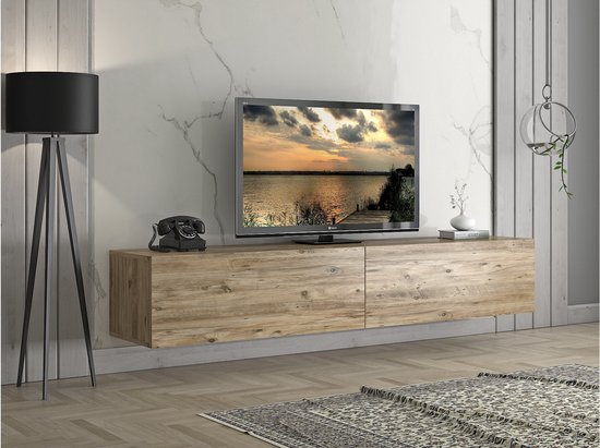 Hoppa! Vega Zwevende TV Kast - TV meubel 200x45x30 cm Atlantic Pine / Black | bol.com