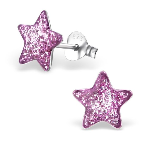 Joy|S - Zilveren ster oorbellen - 9 mm - paars met glitter