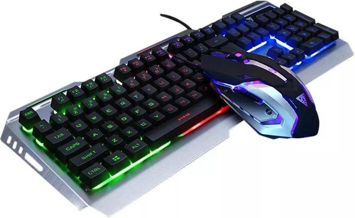 Toetsenbord en Muis - Keyboard en Muis - Gaming Set - Voor Gamen en Normaal Gebruik - RGB Led Backlight - Aluminium - Zilver / Rainbow