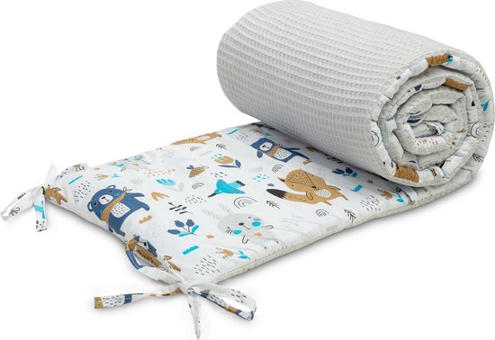 Sensillo Baby Bedbumper - Bedomrander - Anti stootrand Ledikant - Bed Zijbeschermers - 180x30cm - Wafel Grijs Bosdiertjes