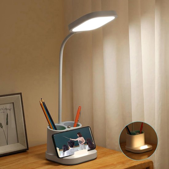 Lampe de Bureau LED Rechargeable 3 en 1 Éclairage Porte-Stylo et Support  Téléphone