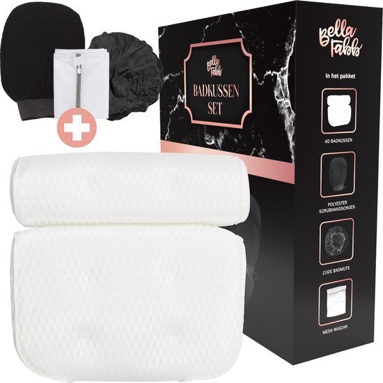 Bella Fabb Badkussen Set + Scrubhandschoen + Waszak + Badmuts - Badkussen - Badkussens voor in bad - Nekkussen bad - Hoofdsteun bad - Neksteun bad - Badkussen met zuignappen - Hoofdkussen