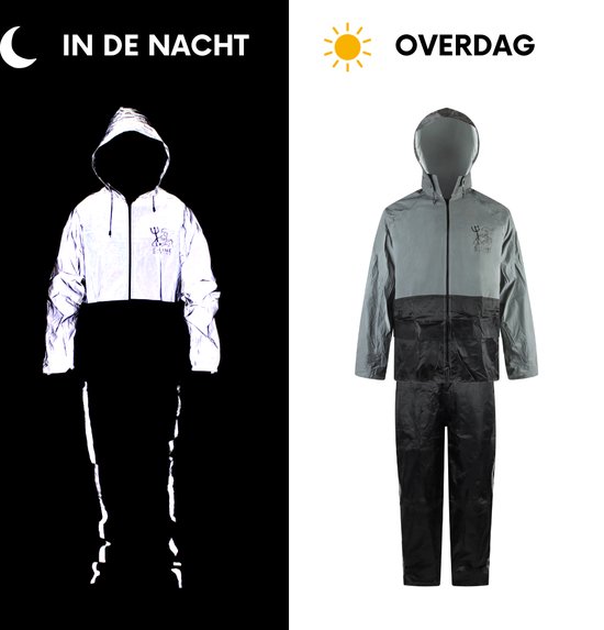Compleet reflecterend regenpak op zwarte achtergrond 's nachts, en grijs/zwart regenpak overdag op witte achtergrond.