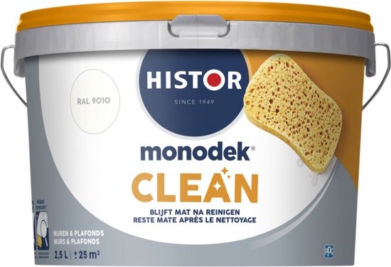 Histor Monodek Clean – Muurverf Binnen Mat – Reinigbare Verf – Vlekafstotend – Geurarm en Oplosmiddelvrij – Voor Binnen – RAL 9010 – 2,5L
