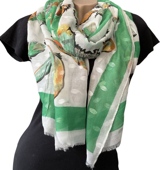 Lange Dunne Sjaal - Veren Print - Groen - 180 x 90 cm (9346)