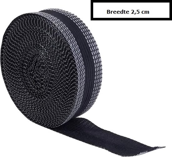 Rol zwarte en grijze zoomband. Tekst: Breedte 2,5 cm