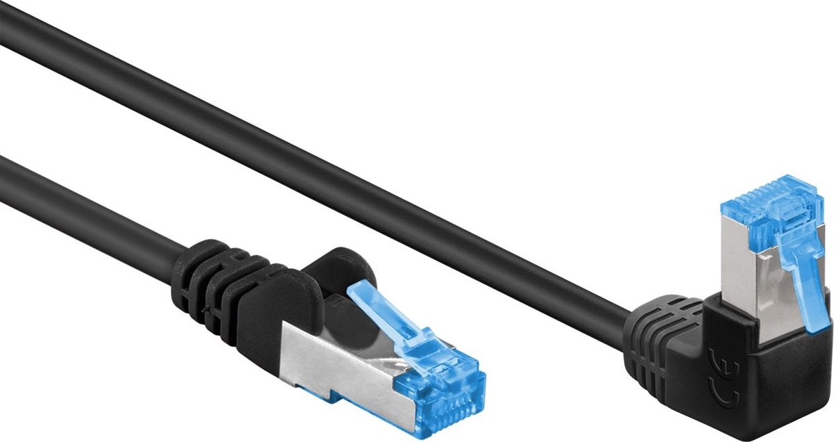 S/FTP CAT6a 10 Gigabit netwerkkabel haaks naar boven / recht / zwart - LSZH - 2 meter